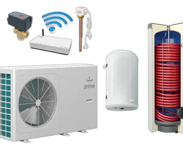 System ogrzewania z pompą ciepła Galmet Prima, bojlerem, grzałką i sterowaniem Wi-Fi.