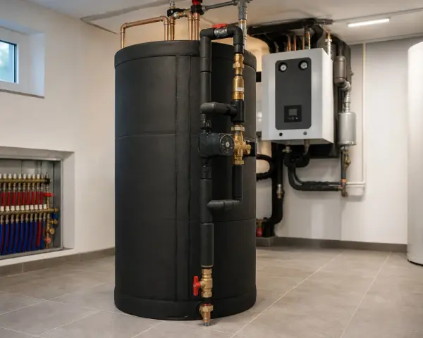 Czarny, izolowany bufor do pompy ciepła 12 kW, podłączony do instalacji grzewczej. Obok widoczny biały zasobnik i sterownik.