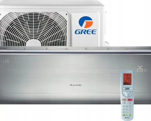 Klimatyzator Gree U-Crown w kolorze srebrnym, z pilotem i jednostką zewnętrzną.