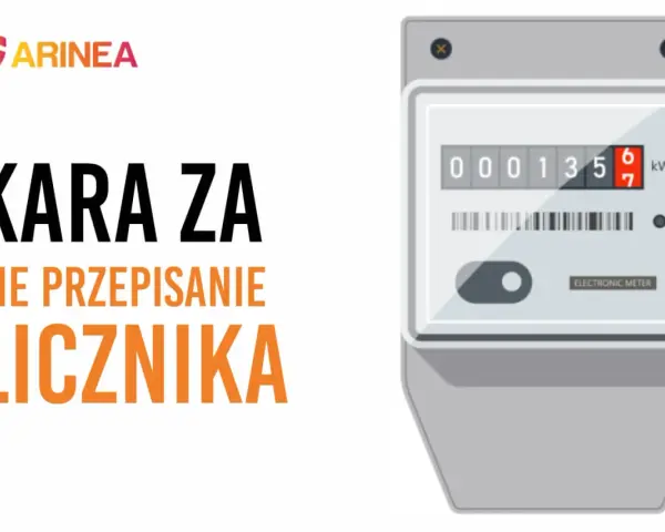 KARA ZA NIE PRZEPISANIE LICZNIKA. Zbliżenie na licznik energii elektrycznej i tekst ostrzegawczy.