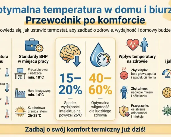 Jaka temperatura w domu jest optymalna? Poradnik pokazuje idealne zakresy dla salonu (20-22°C), sypialni (16-19°C) i łazienki (22-24°C).