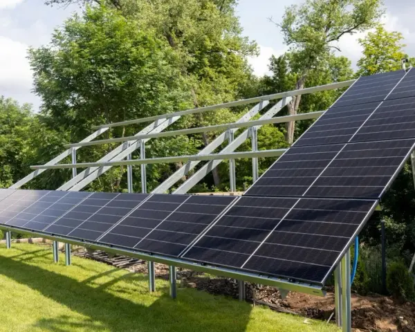 Instalacja fotowoltaiki na gruncie w trakcie budowy. Metalowa konstrukcja i panele słoneczne na trawniku, w tle drzewa. Przepisy dotyczące takich instalacji są kluczowe.