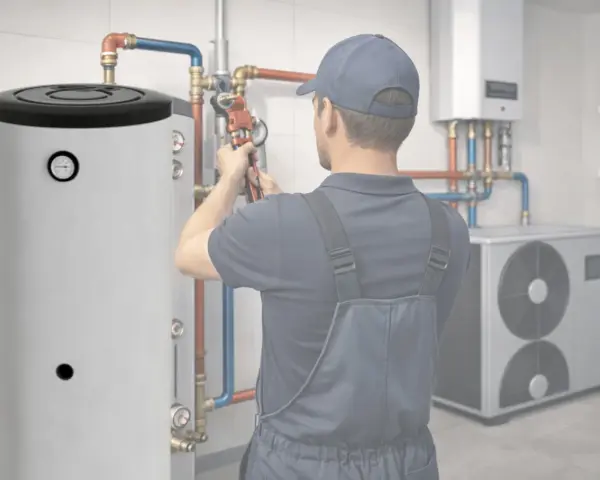 Instalator pracuje przy dużym, pionowym wymienniku CWU 200l. W tle widać pompę ciepła i inne elementy instalacji.