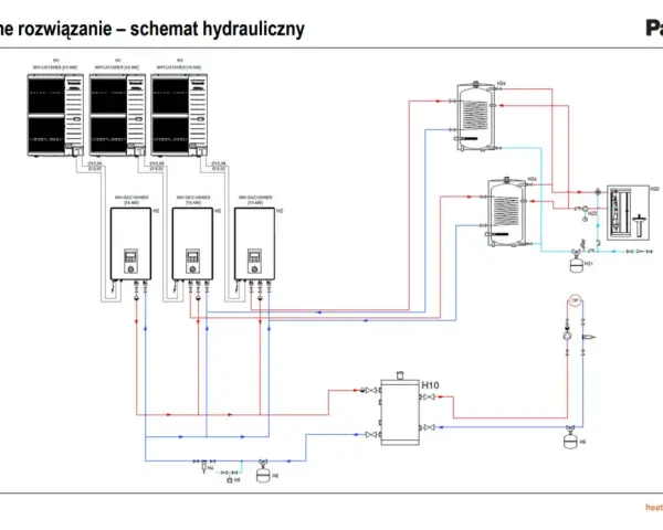 Schemat hydrauliczny podłączenia pompy ciepła Panasonic z jednostkami WH-UX16HE8 i WH-SXC16H9E8, zbiornikami H24 i H10.