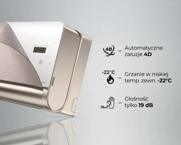 Klimatyzator Rotenso Split z automatycznymi żaluzjami 4D, grzaniem do -22°C i cichą pracą 19 dB.