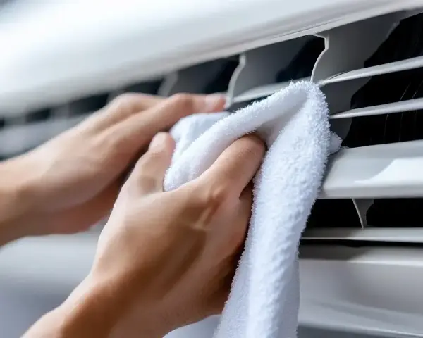 Dbanie o czystość klimatyzacji to klucz do odpowiedzi na pytanie, czy klimatyzacja jest zdrowa. Ręce czyszczą białe żaluzje urządzenia.