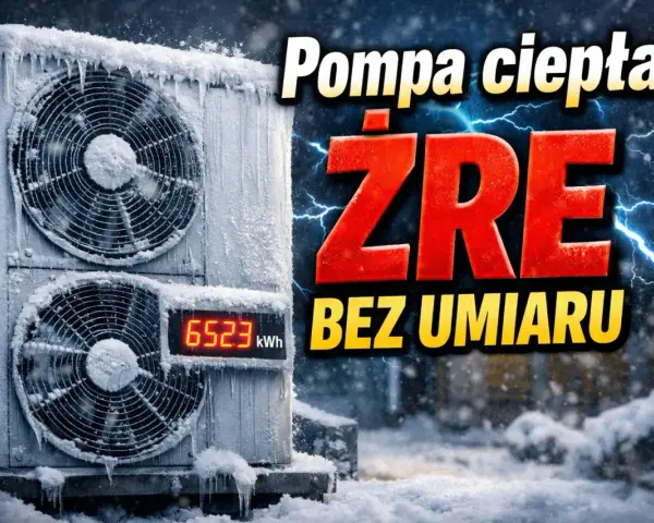 Monoblok 5kW pokryty lodem i śniegiem, z widocznym licznikiem kWh. Pompa ciepła "żre" bez umiaru zimą.