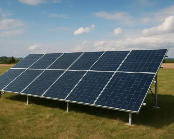 Rząd paneli słonecznych na łące, gotowych do produkcji energii. Zastanawiasz się, ile prądu wytwarza panel słoneczny?