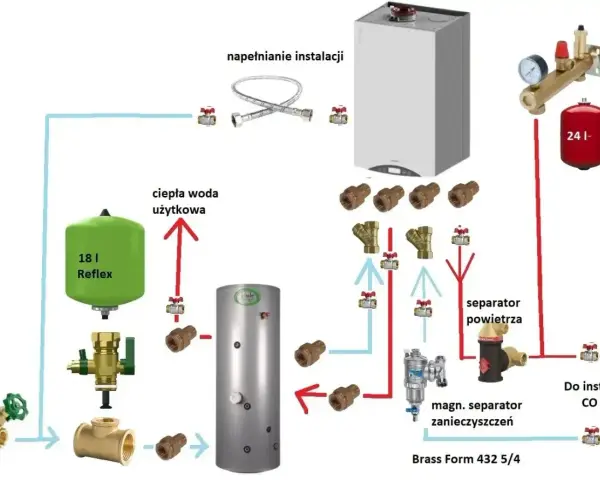 Schemat instalacji z pompą ciepła: zbiornik CWU, separator powietrza, magnetyczny separator zanieczyszczeń, naczynia przeponowe.