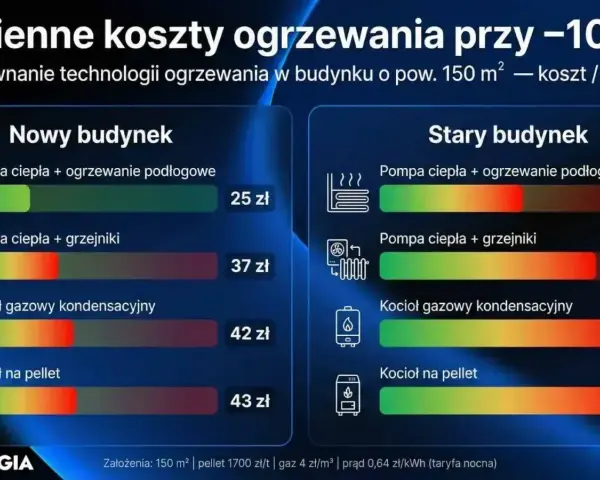 Porównanie kosztów ogrzewania: pompa ciepła z ogrzewaniem podłogowym w nowym budynku to 25 zł. W starym budynku, ogrzewanie podłogowe ma swoje wady i zalety, ale koszty są wyższe.
