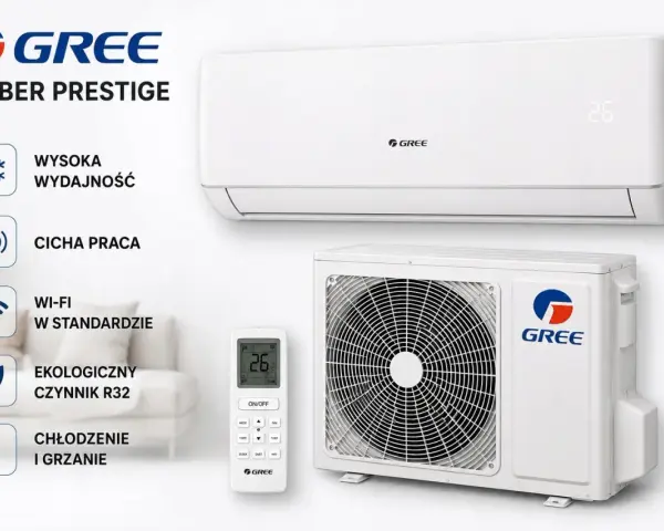 Klimatyzator GREE Amber Prestige 3.5 kW: wysoka wydajność, cicha praca, Wi-Fi, ekologiczny czynnik R32, chłodzenie i grzanie.