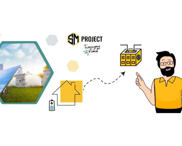 SM Project: podłączenie fotowoltaiki do domu z magazynem energii. Ilustracja pokazuje panele słoneczne, budynki, dom, baterię i mężczyznę.