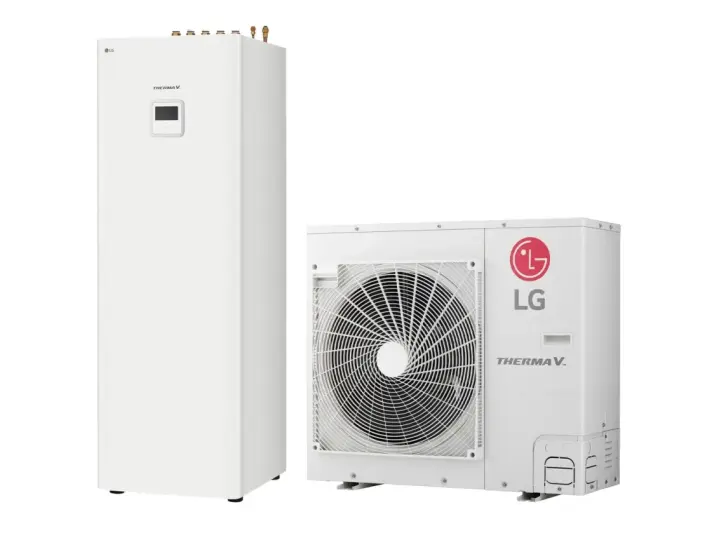 Biała pompa ciepła LG Therma V 7kW składa się z jednostki wewnętrznej i zewnętrznej.
