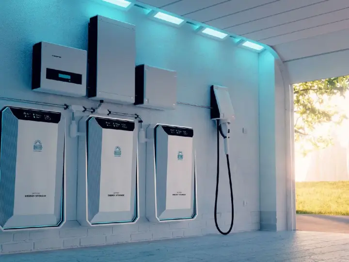 Nowoczesny magazyn energii, idealny do ulgi termomodernizacyjnej. Trzy baterie i falownik wiszą na ścianie, gotowe do gromadzenia mocy.