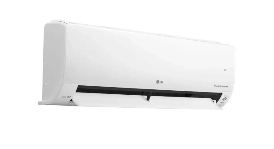 Biały klimatyzator LG Deluxe 5kW z technologią Dual Inverter, zapewniający komfort i oszczędność energii.