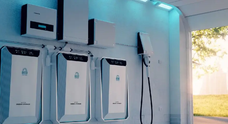 Nowoczesny magazyn energii, idealny do ulgi termomodernizacyjnej. Trzy baterie i falownik wiszą na ścianie, gotowe do gromadzenia mocy.