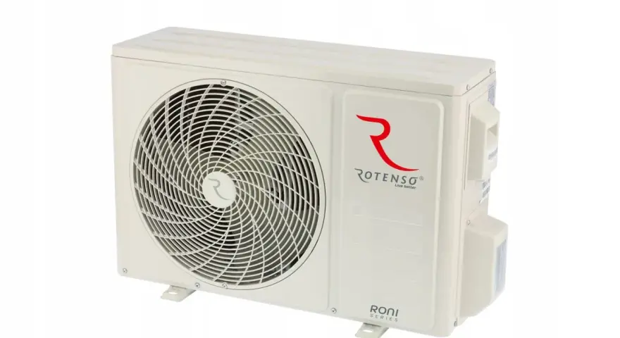 Klimatyzator Rotenso Roni 5kW, jednostka zewnętrzna w kolorze kremowym, z logo Rotenso i oznaczeniem Roni Series.