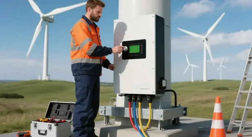 Technik przyłącza inwerter **goodwe gw8k-et** do turbiny wiatrowej. Narzędzia i drabina w pobliżu.