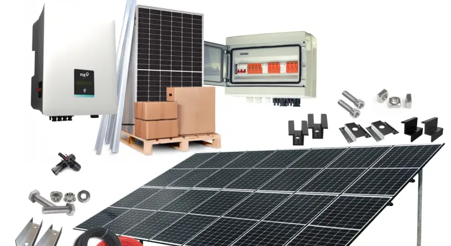 Zestaw do instalacji fotowoltaicznej: panele, inwerter, skrzynka z zabezpieczeniami, kable i elementy montażowe. Sprawdź panele fotowoltaiczne 5 kw cena.