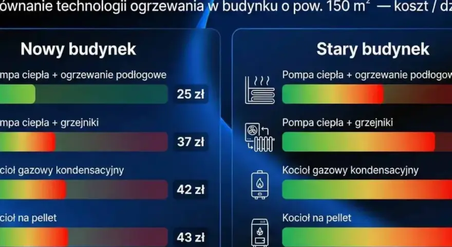 Porównanie kosztów ogrzewania: pompa ciepła vs. gaz. W nowym budynku pompa ciepła z podłogówką kosztuje 25 zł/dzień, a gaz 42 zł.