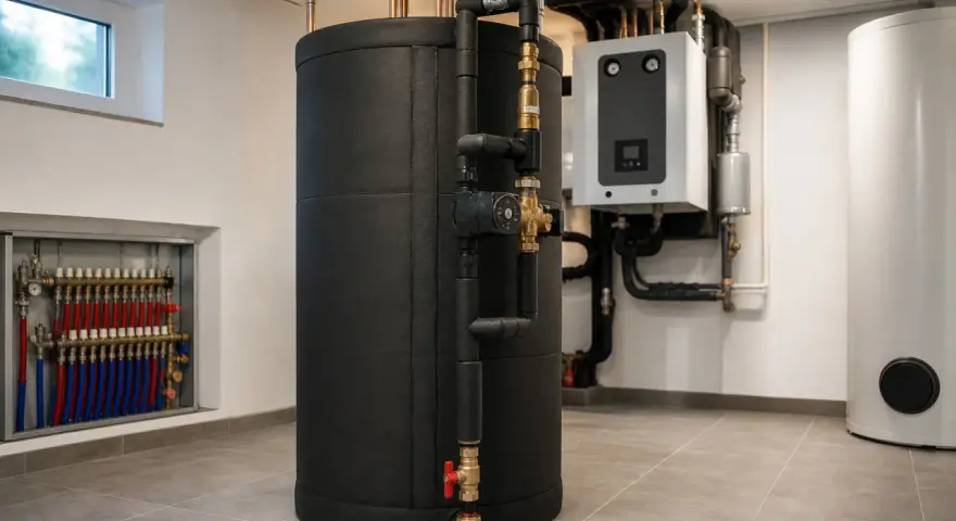 Czarny, izolowany bufor do pompy ciepła 12 kW, podłączony do instalacji grzewczej. Obok widoczny biały zasobnik i sterownik.