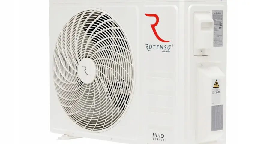 Biała jednostka zewnętrzna klimatyzatora Rotenso Hiro z logo i oznaczeniami serii.