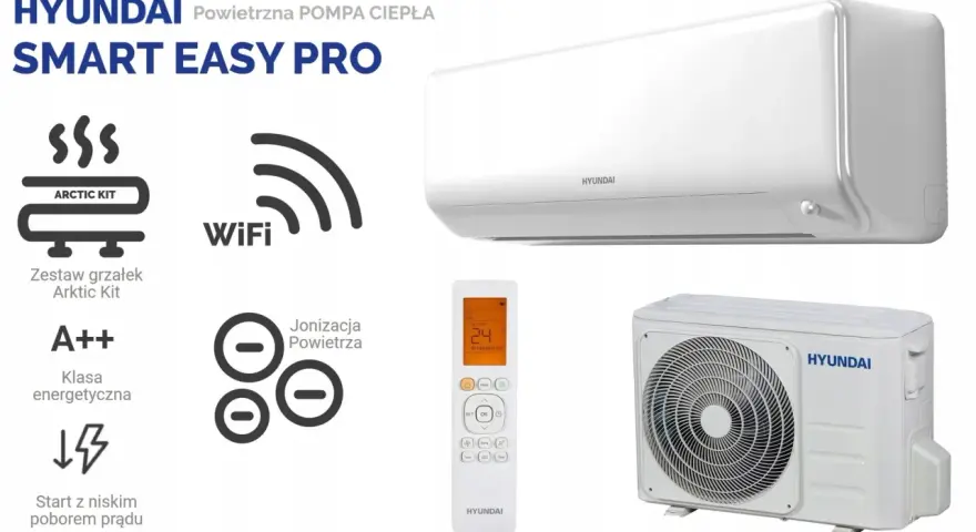 Klimatyzator Hyundai Smart Easy Pro: biała jednostka wewnętrzna i zewnętrzna, pilot, WiFi, jonizacja, klasa A++, Arctic Kit.