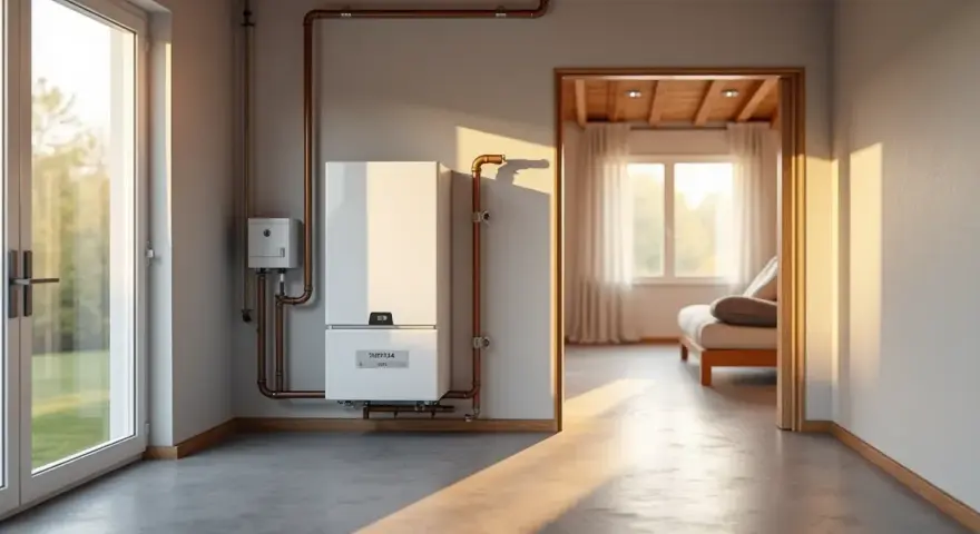 Nowoczesny piec gazowy 24kW, idealny do ogrzania domu o powierzchni do 240m². W nowoczesnym wnętrzu z widokiem na pokój dzienny.