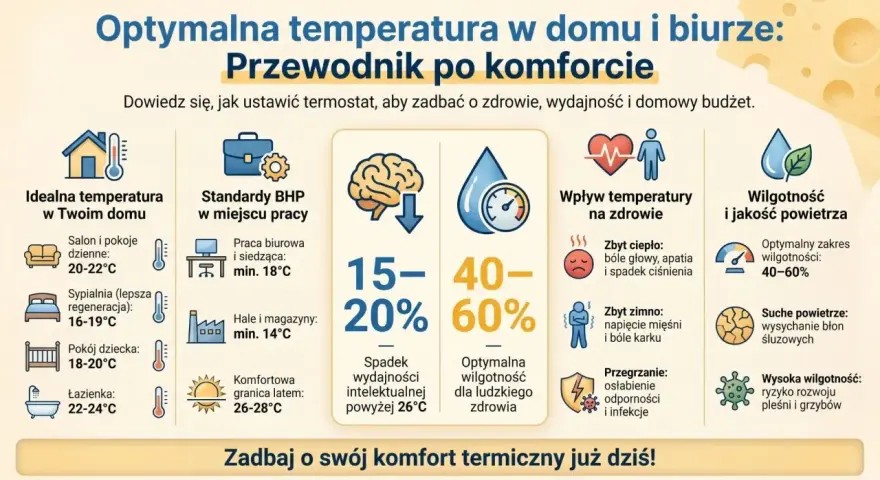 Jaka temperatura w domu jest optymalna? Poradnik pokazuje idealne zakresy dla salonu (20-22°C), sypialni (16-19°C) i łazienki (22-24°C).