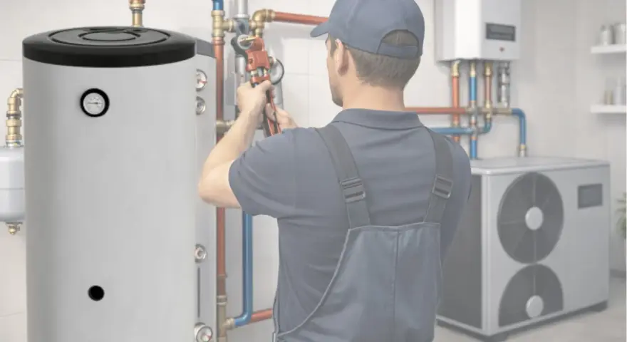 Instalator pracuje przy dużym, pionowym wymienniku CWU 200l. W tle widać pompę ciepła i inne elementy instalacji.