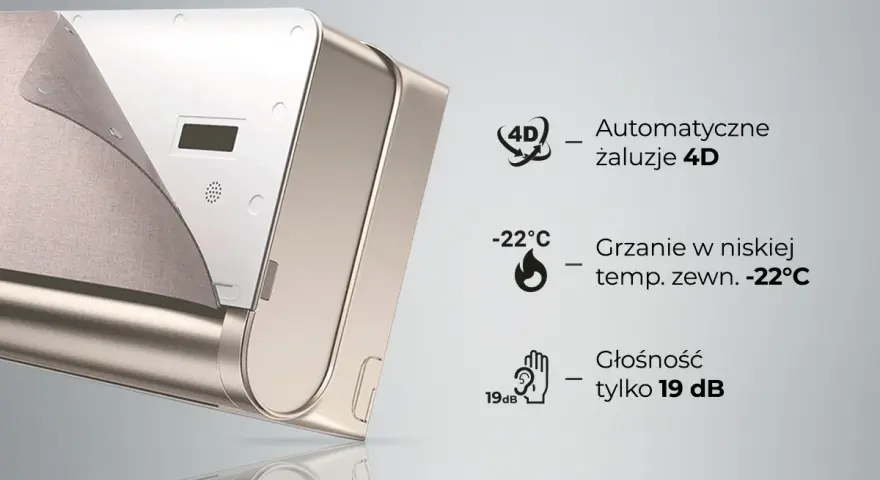 Klimatyzator Rotenso Split z automatycznymi żaluzjami 4D, grzaniem do -22°C i cichą pracą 19 dB.