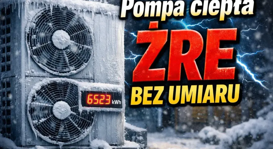 Monoblok 5kW pokryty lodem i śniegiem, z widocznym licznikiem kWh. Pompa ciepła "żre" bez umiaru zimą.