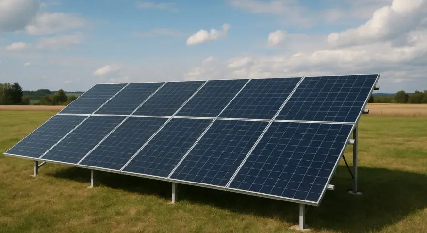 Rząd paneli słonecznych na łące, gotowych do produkcji energii. Zastanawiasz się, ile prądu wytwarza panel słoneczny?