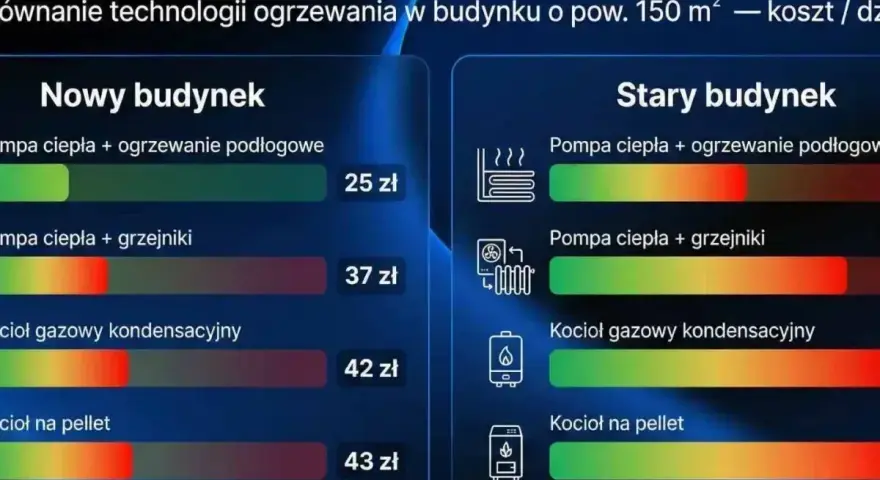 Porównanie kosztów ogrzewania: pompa ciepła z ogrzewaniem podłogowym w nowym budynku to 25 zł. W starym budynku, ogrzewanie podłogowe ma swoje wady i zalety, ale koszty są wyższe.