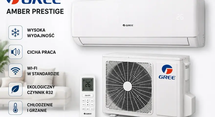 Klimatyzator GREE Amber Prestige 3.5 kW: wysoka wydajność, cicha praca, Wi-Fi, ekologiczny czynnik R32, chłodzenie i grzanie.
