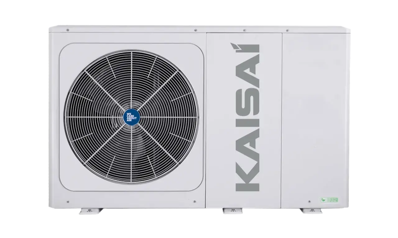 Jednostka zewnętrzna klimatyzatora Kaisai z wentylatorem i logo. Idealna do Twojego katalogu Kaisai.