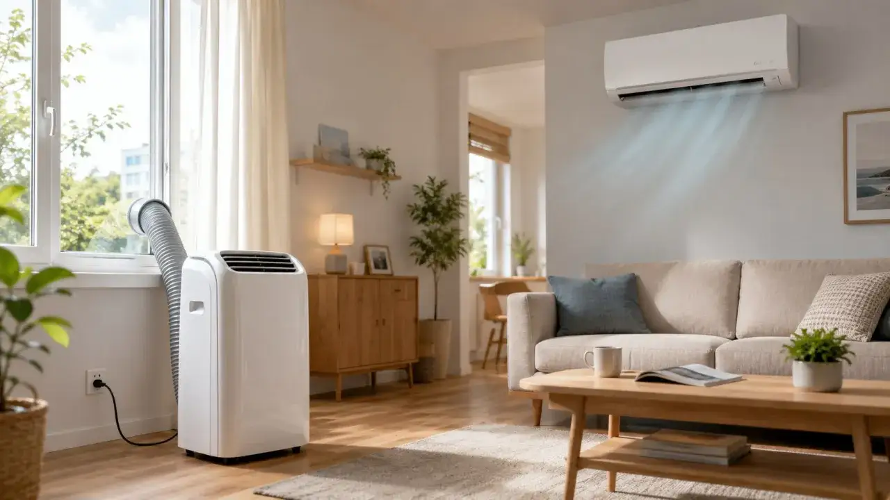 Tani klimatyzator przenośny chłodzi salon, podczas gdy klimatyzator ścienny działa nad kanapą.