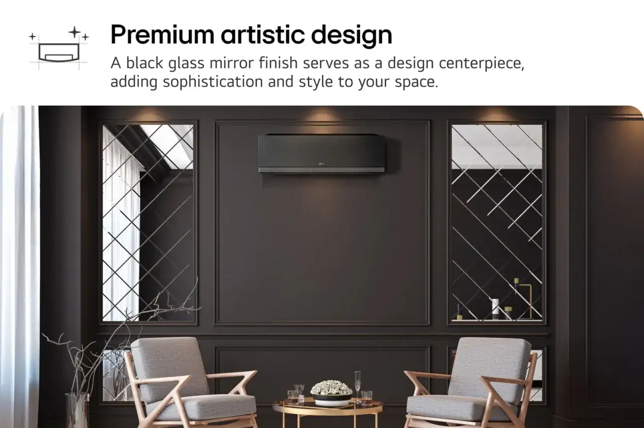 Elegancki klimatyzator LG ArtCool Mirror 5kW w czarnej, lustrzanej obudowie, idealnie komponuje się z nowoczesnym wnętrzem.