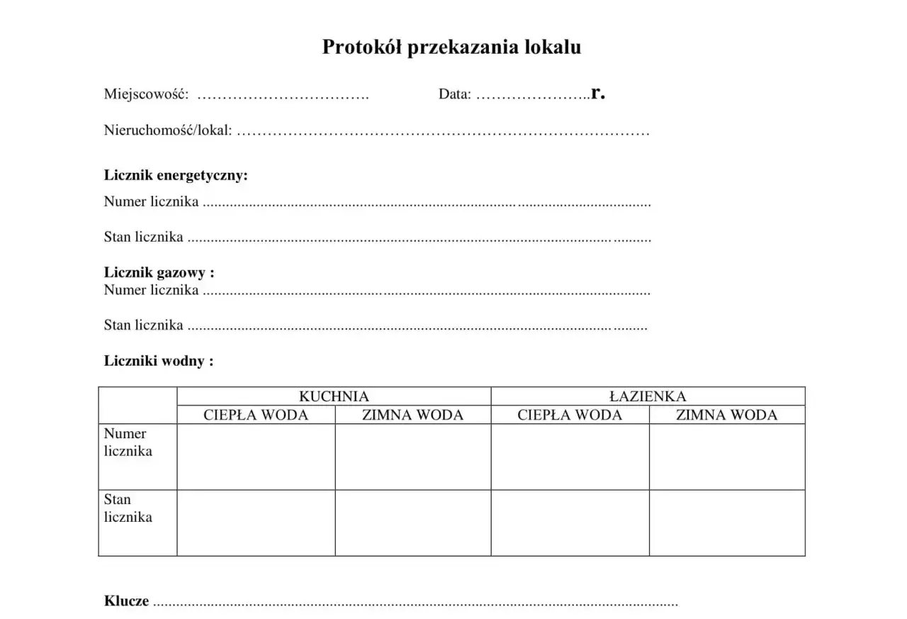 Protok&oacute;ł przekazania lokalu zawiera pola na dane nieruchomości, liczniki (energetyczny, gazowy, wodne w kuchni i łazience) oraz klucze. Brak wpisu może skutkować karą za nie przepisanie licznika.