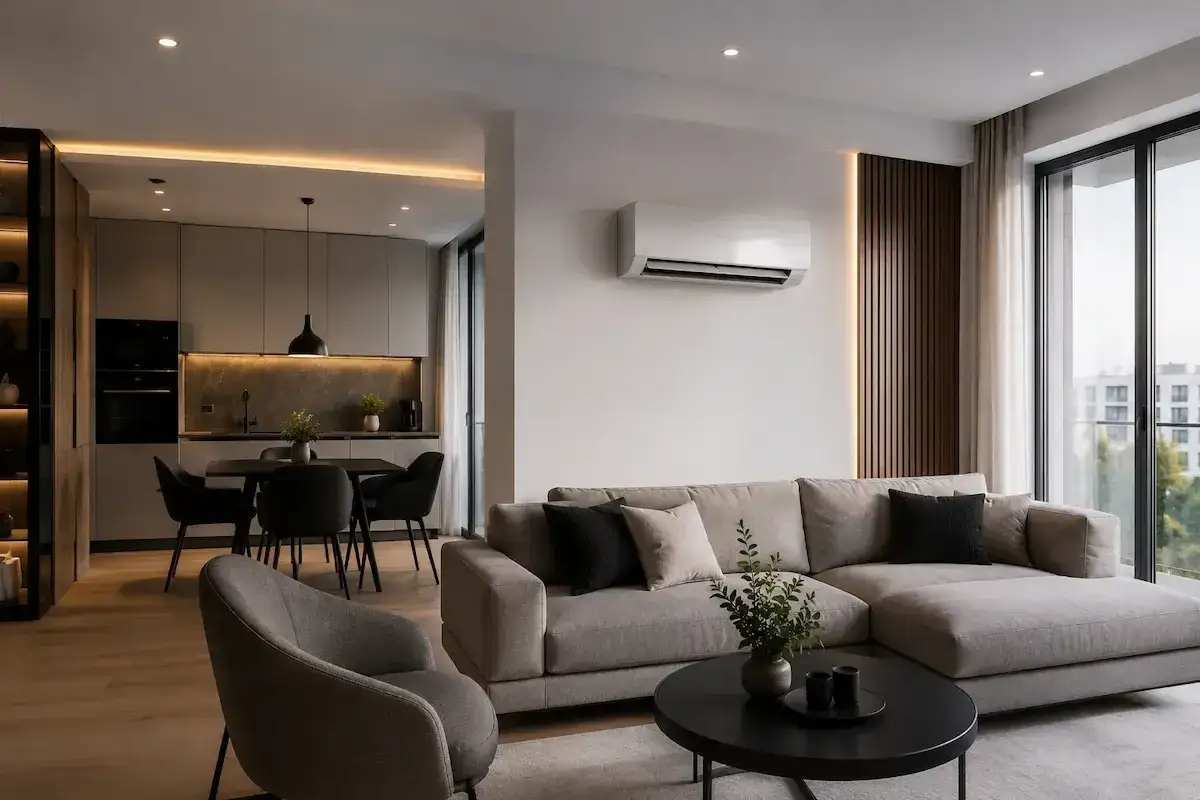 Nowoczesny salon z wygodną kanapą i klimatyzacją w salonie. Obok kuchnia z jadalnią.