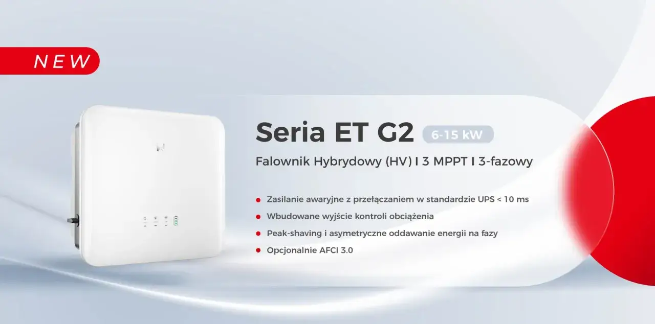 Nowy falownik hybrydowy GoodWe GW8K-ET z serii ET G2, 3-fazowy, 6-15 kW, zasilanie awaryjne UPS.