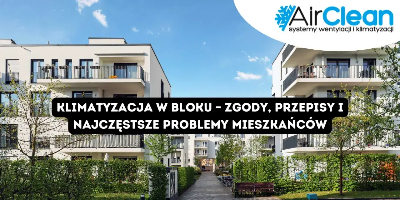 Nowoczesne bloki mieszkalne, logo AirClean. Tekst: 