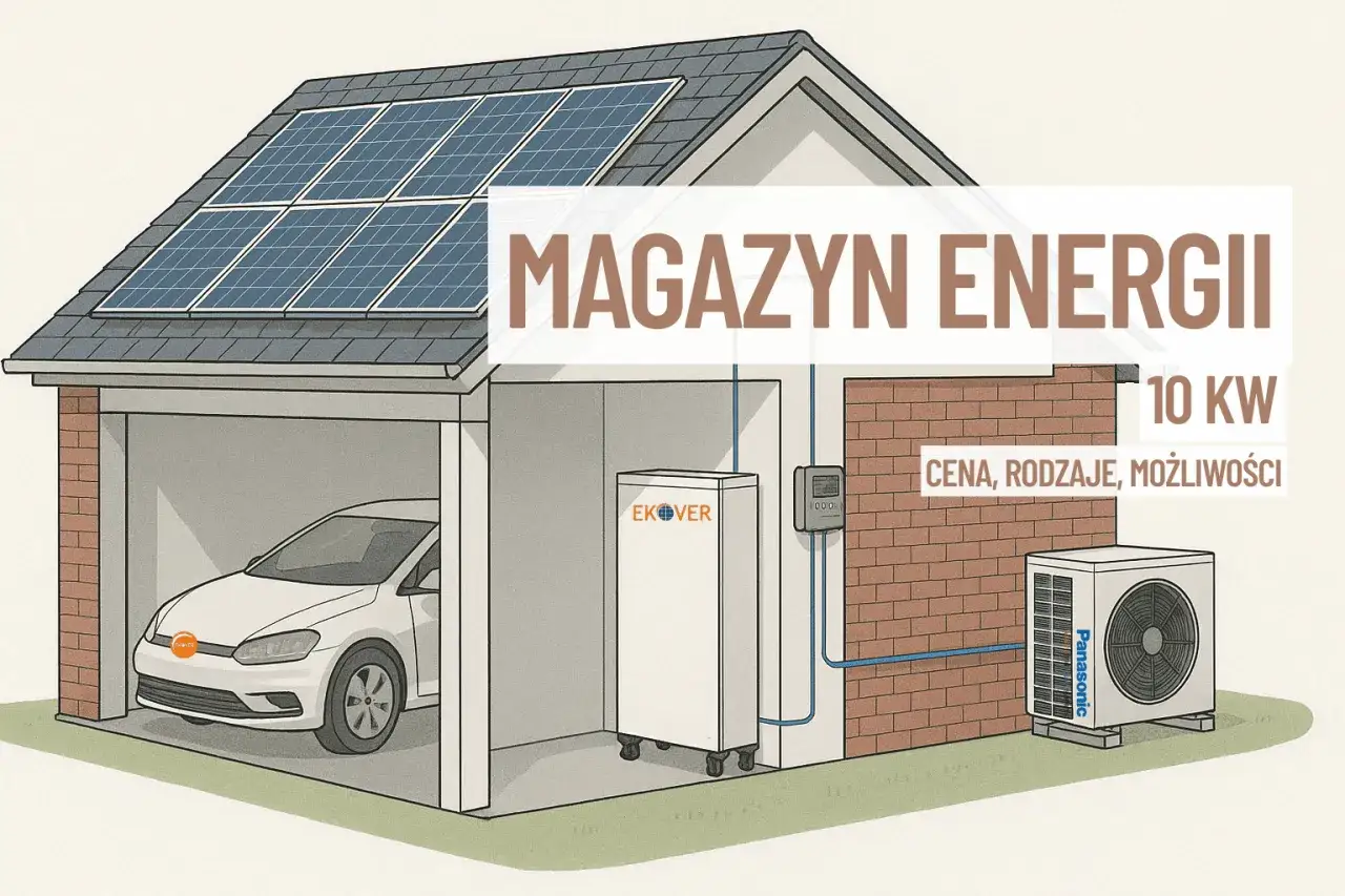 Dom z panelami słonecznymi, magazyn energii, samochód elektryczny i jednostka zewnętrzna klimatyzatora. Ulga termomodernizacyjna wspiera takie inwestycje.