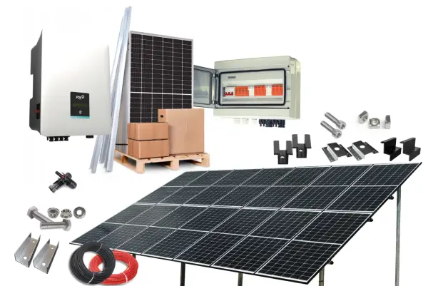 Zestaw do instalacji fotowoltaicznej: panele, inwerter, skrzynka z zabezpieczeniami, kable i elementy montażowe. Sprawdź panele fotowoltaiczne 5 kw cena.