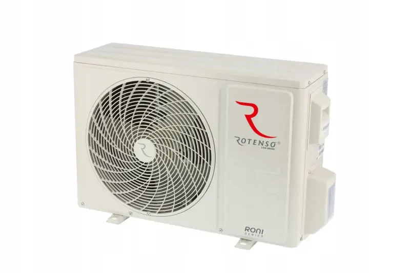 Klimatyzator Rotenso Roni 5kW, jednostka zewnętrzna w kolorze kremowym, z logo Rotenso i oznaczeniem Roni Series.