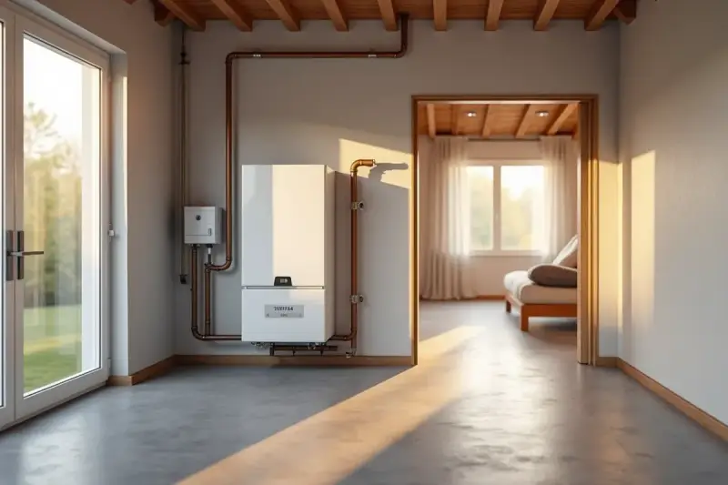 Nowoczesny piec gazowy 24kW, idealny do ogrzania domu o powierzchni do 240m². W nowoczesnym wnętrzu z widokiem na pokój dzienny.